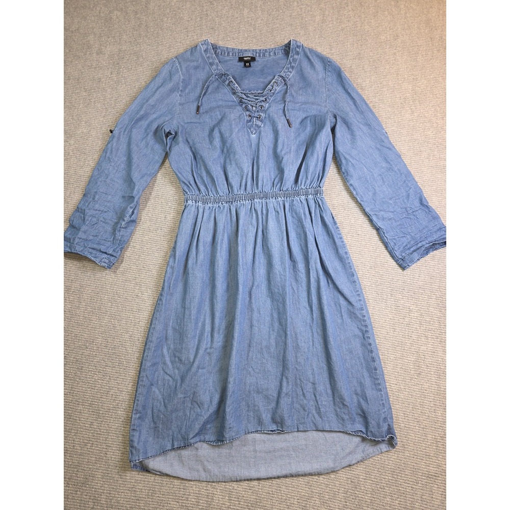 Mossimo Women's XS Blue Denim Chambray Roll-up Tab Sleeve Low-High Dress